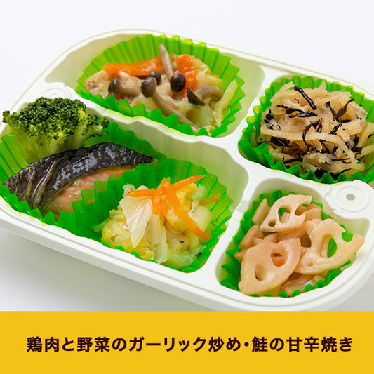 冷凍健幸弁当【鶏肉と野菜のガーリック炒め・鮭の甘辛焼き】